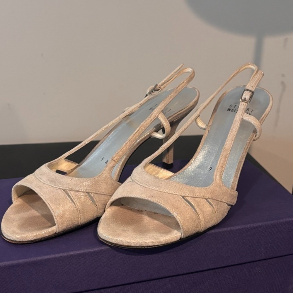 Stuart Weitzman Womens metallic beige slingback heels size 9.5 wedding party